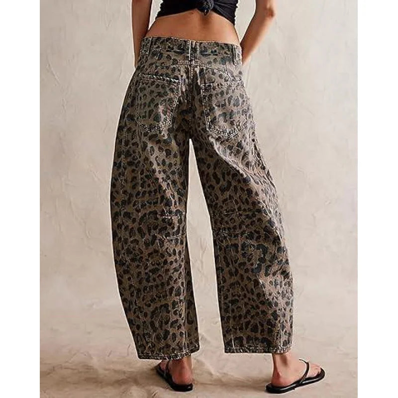 ZingettoWomen's Baggy Barrel Jeans Mid Rise Leopard Printed Wide Leg