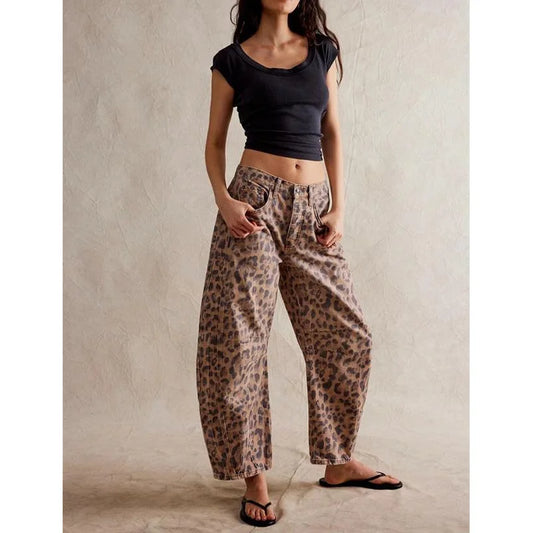 ZingettoWomen's Baggy Barrel Jeans Mid Rise Leopard Printed Wide Leg