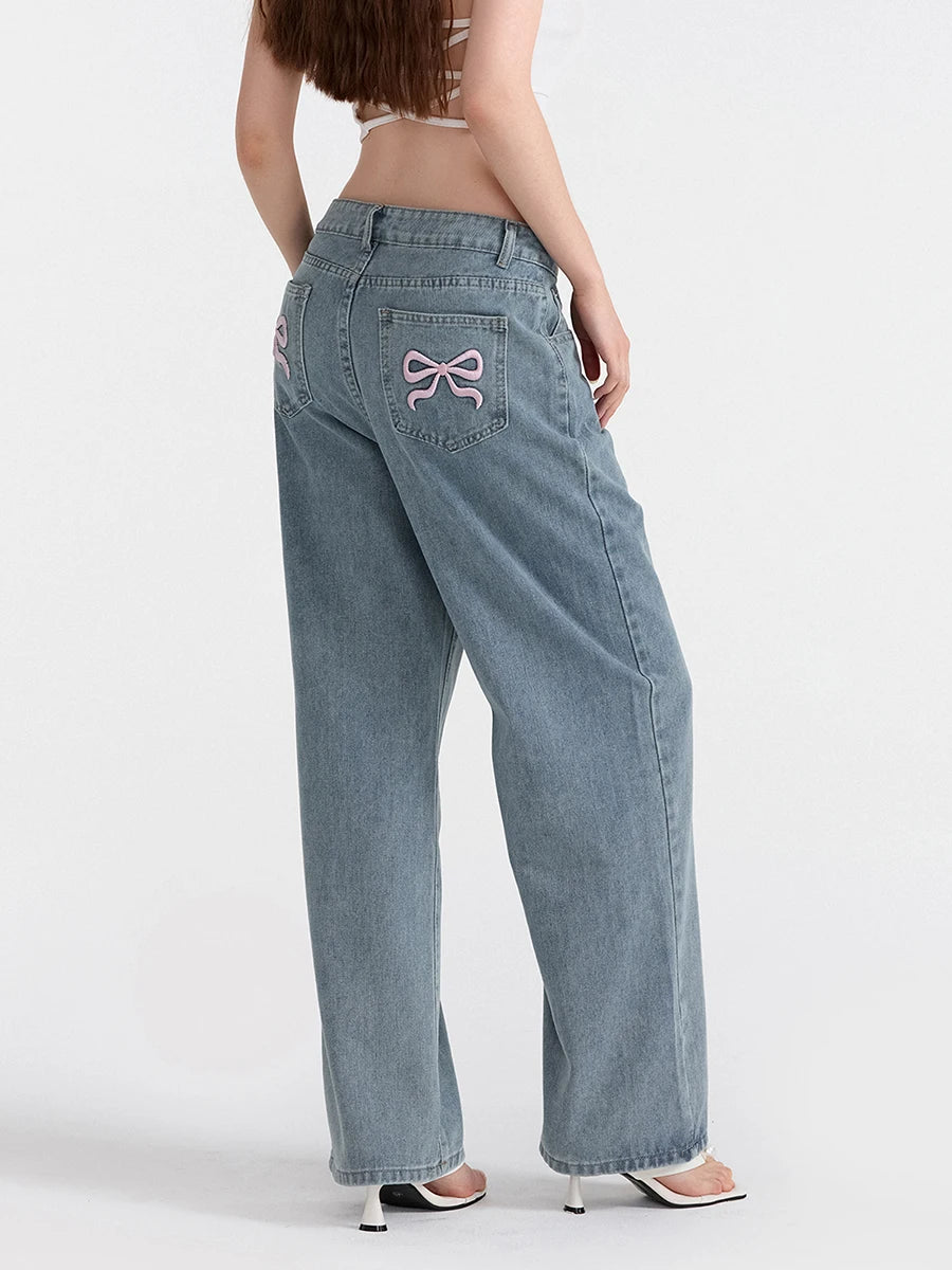 Zingetto Women's Wide Leg Jeans embroidered Bow On Back  pzockets