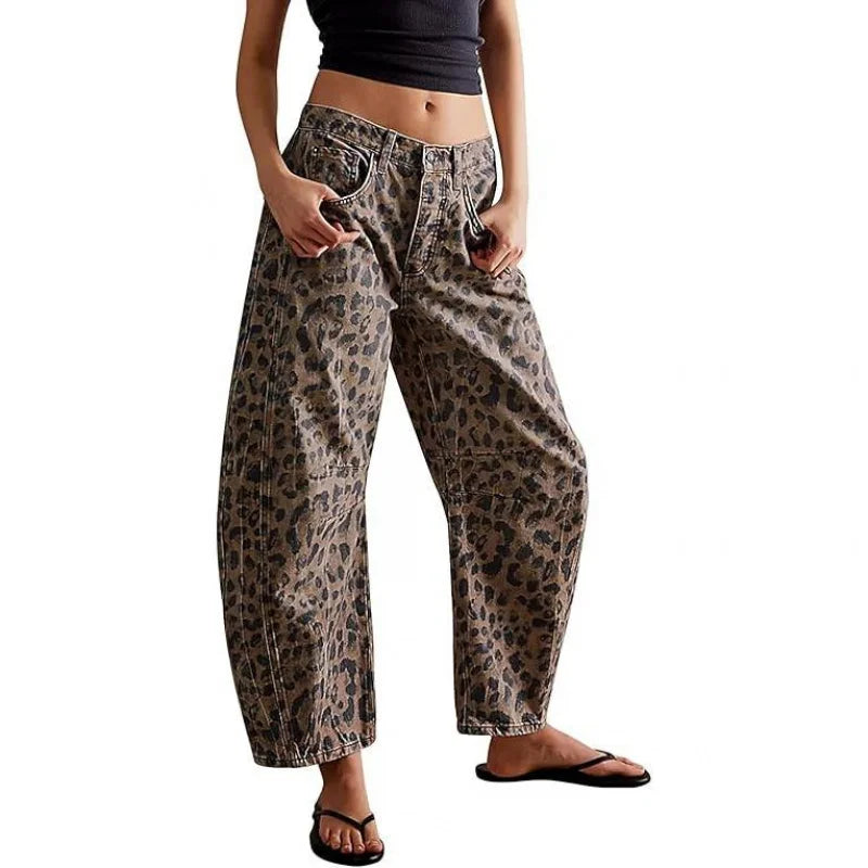 ZingettoWomen's Baggy Barrel Jeans Mid Rise Leopard Printed Wide Leg